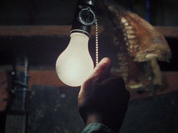Movie still from “The Evil Dead” (1981), directed by Sam Raimi – A person holding a light bulb in their hand; Extreme Close Up shot, Low angle