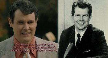 Movie still from “The Eyes of Tammy Faye” (2021), directed by Michael Showalter – A black - and - white photo of a man in a suit and tie next to an image of a man in a suit and tie; Close Up shot, Over the shoulder angle
