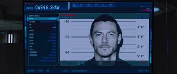 Movie still from “The Fate of the Furious” (2017), directed by F. Gary Gray – A man's face in front of a police mugshot; Extreme Close Up shot, Overhead angle