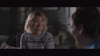 Movie still from “The Father” (2020), directed by Florian Zeller – A woman sitting on a couch in front of a man; Close Up shot, Over the shoulder angle