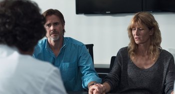 Movie still from “The Fault in Our Stars” (2014), directed by Josh Boone – A man and a woman sitting in front of another man; Medium shot, Over the shoulder angle