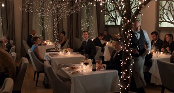 Movie still from “The Fault in Our Stars” (2014), directed by Josh Boone – A group of people sitting at a table in a restaurant; Wide shot, High angle
