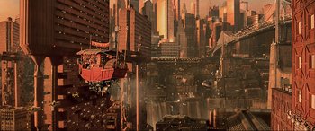 Movie still from “The Fifth Element” (1997), directed by Luc Besson – An image of a city that looks like it is in the middle of the night; Extreme Wide shot, Overhead angle