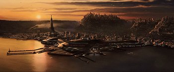 Movie still from “The Fifth Element” (1997), directed by Luc Besson – An artistic rendering of a city in the middle of the night; Extreme Wide shot, High angle
