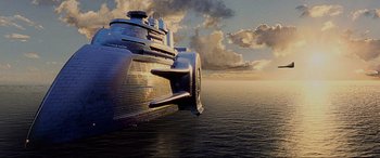 Movie still from “The Fifth Element” (1997), directed by Luc Besson – A large boat floating on top of a body of water; Extreme Wide shot, Low angle
