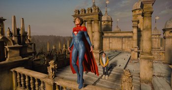 Movie still from “The Flash” (2023), directed by Andy Muschietti – A woman in a blue and red costume standing on a platform; Wide shot, Low angle