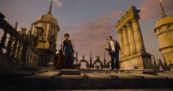 Movie still from “The Flash” (2023), directed by Andy Muschietti – A couple of people that are standing in the dirt; Wide shot, Low angle