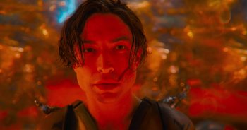 Movie still from “The Flash” (2023), directed by Andy Muschietti – A person with long dark hair; Close Up shot, Low angle