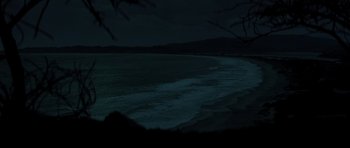 Movie still from “The Fog” (1980), directed by John Carpenter – A view of a body of water at night time; Extreme Wide shot, High angle