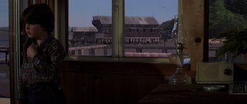 Movie still from “The Fog” (1980), directed by John Carpenter – A view of a building from a window of a restaurant; Medium shot, Low angle