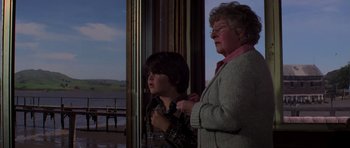 Movie still from “The Fog” (1980), directed by John Carpenter – An older woman and a young boy standing next to a window; Medium shot, Over the shoulder angle