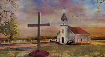 Movie still from “The Forever Purge” (2021), directed by Everardo Gout – An oil painting of a cross in front of a church; Extreme Wide shot, Low angle