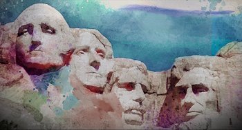 Movie still from “The Forever Purge” (2021), directed by Everardo Gout – A painting of three faces of mount rushmore; Extreme Close Up shot, Low angle
