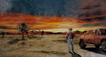Movie still from “The Forever Purge” (2021), directed by Everardo Gout – A painting of two men standing in the desert; Extreme Wide shot, Low angle