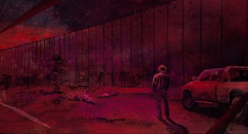 Movie still from “The Forever Purge” (2021), directed by Everardo Gout – A painting of a man standing next to a wall; Extreme Wide shot, Low angle