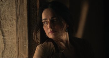 Movie still from “The Forever Purge” (2021), directed by Everardo Gout – A person with long black hair; Close Up shot, Low angle