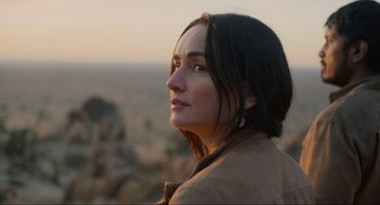 Movie still from “The Forever Purge” (2021), directed by Everardo Gout – A person looking at the camera; Close Up shot, Low angle