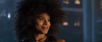 Movie still from “Deadpool 2” (2018), directed by David Leitch – A person with a large afro; Close Up shot, Low angle