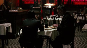 Movie still from “The Godfather” (1972), directed by Francis Ford Coppola – A man and woman sitting at a dinner table; Wide shot, Over the shoulder angle