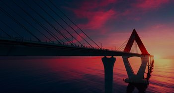 Movie still from “The Good House” (2021), directed by Maya Forbes – A view of a suspension bridge over a body of water at sunset; Extreme Wide shot, Low angle
