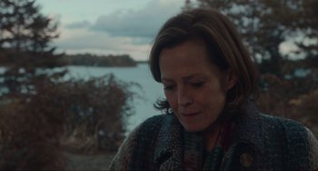 Movie still from “The Good House” (2021), directed by Maya Forbes – A person sitting near a body of water; Close Up shot, Over the shoulder angle