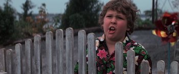 Movie still from “The Goonies” (1985), directed by Richard Donner – A young boy in a hawaiian shirt standing next to a wooden fence; Close Up shot, Low angle
