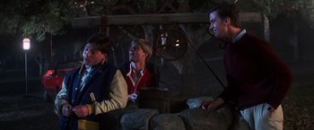 Movie still from “The Goonies” (1985), directed by Richard Donner – A group of young men sitting next to each other on rocks; Medium shot, Over the shoulder angle
