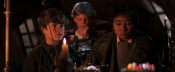 Movie still from “The Goonies” (1985), directed by Richard Donner – A group of young people sitting around a candle; Close Up shot, Over the shoulder angle