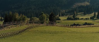 Movie still from “The Great Escape” (1963), directed by John Sturges – A grassy field with people walking on it and trees in the background; Extreme Wide shot, High angle