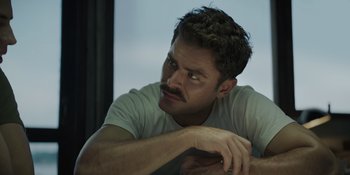 Movie still from “The Greatest Beer Run Ever” (2022), directed by Peter Farrelly – A person with a beard and mustache; Close Up shot, Low angle