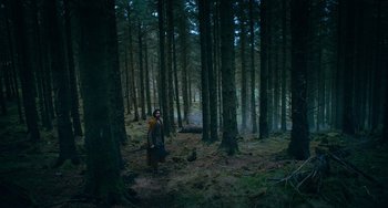 Movie still from “The Green Knight” (2021), directed by David Lowery – A person standing in the middle of a forest; Extreme Wide shot, Low angle