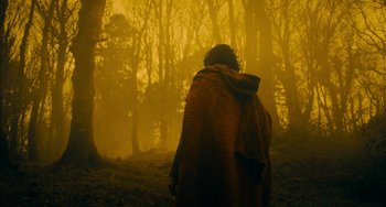 Movie still from “The Green Knight” (2021), directed by David Lowery – A person wearing a blanket in the woods; Wide shot, Low angle