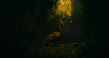 Movie still from “The Green Knight” (2021), directed by David Lowery – A person in a forest near a tree; Wide shot, Low angle