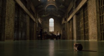 Movie still from “The Green Mile” (1999), directed by Frank Darabont – A cat sitting on the floor of a library; Extreme Wide shot, High angle
