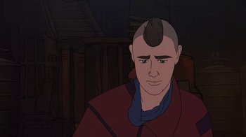 Movie still from “The Guardians of the Galaxy Holiday Special” (2022), directed by James Gunn – A man with a mohawk is standing in the dark; Close Up shot, Over the shoulder angle