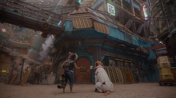 Movie still from “The Guardians of the Galaxy Holiday Special” (2022), directed by James Gunn – A couple of dogs standing next to each other on the ground; Wide shot, Low angle