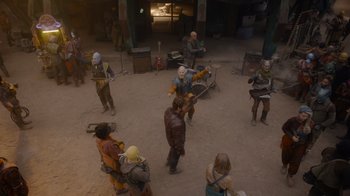 Movie still from “The Guardians of the Galaxy Holiday Special” (2022), directed by James Gunn – A group of people dressed like star wars characters; Wide shot, High angle