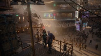 Movie still from “The Guardians of the Galaxy Holiday Special” (2022), directed by James Gunn – A man and a woman are standing on a bridge; Wide shot, High angle