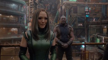 Movie still from “The Guardians of the Galaxy Holiday Special” (2022), directed by James Gunn – A woman and a man are standing next to each other; Medium shot, Over the shoulder angle