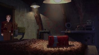 Movie still from “The Guardians of the Galaxy Holiday Special” (2022), directed by James Gunn – An empty room with a red suitcase on the ground; Extreme Wide shot, High angle