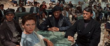 Movie still from “The Guns of Navarone” (1961), directed by J. Lee Thompson – A group of people sitting around a table; Medium shot, High angle