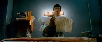 Movie still from “The Hangover Part III” (2013), directed by Todd Phillips – A man is holding a pillow and a bird; Medium shot, Low angle