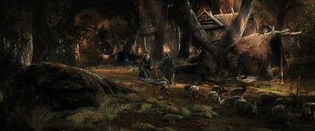 Movie still from “The Hobbit: The Battle of the Five Armies” (2014), directed by Peter Jackson – An image of an animal in the woods; Extreme Wide shot, High angle