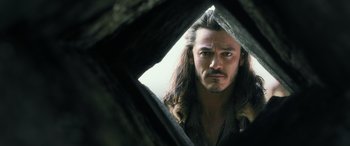 Movie still from “The Hobbit: The Battle of the Five Armies” (2014), directed by Peter Jackson – A person with long hair and a beard; Close Up shot, Over the shoulder angle