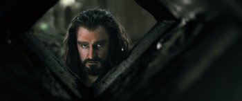 Movie still from “The Hobbit: The Battle of the Five Armies” (2014), directed by Peter Jackson – Thorin oakenshield from the hobbit; Close Up shot, Low angle