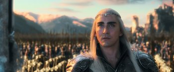 Movie still from “The Hobbit: The Battle of the Five Armies” (2014), directed by Peter Jackson – A person wearing a costume; Close Up shot, Over the shoulder angle
