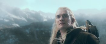 Movie still from “The Hobbit: The Battle of the Five Armies” (2014), directed by Peter Jackson – A person with long blonde hair; Close Up shot, Low angle