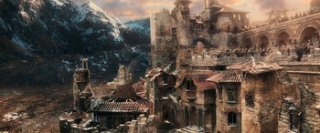 Movie still from “The Hobbit: The Battle of the Five Armies” (2014), directed by Peter Jackson – An image of a castle in the middle of a mountain; Extreme Wide shot, High angle