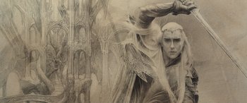 Movie still from “The Hobbit: The Battle of the Five Armies” (2014), directed by Peter Jackson – A drawing of a man with a sword in a castle; Close Up shot, Low angle