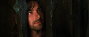 Movie still from “The Hobbit: The Desolation of Smaug” (2013), directed by Peter Jackson – A person with long hair; Close Up shot, Low angle